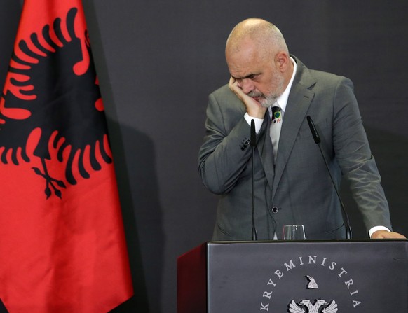 epa09467758 Albanian Prime Minister Edi Rama during a press conference with German Chancellor in Tirana, Albania, 14 September 2021. The German Chancellor is in Albania to participate in the Western B ...