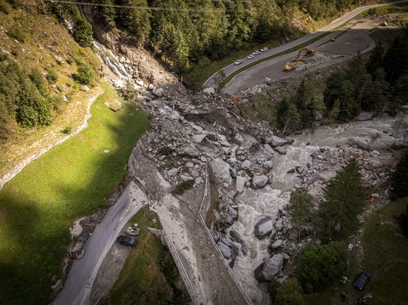 The Cantonal road and the Bodenbruecke in the Saastal, Eisten, destroyed due to a Landslide, photographed on Friday, September 6, 2024 in southern Valais, Switzerland. Severe Storms over the last 24 h ...