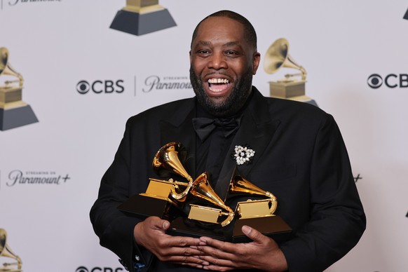 epa11127593 Killer Mike, winner of the &quot;Best Rap Album&quot; award for &quot;Michael&quot;, &quot;Best Rap Performance&quot; award for &quot;Scientists &amp; Engineers&quot;, and &quot; Best Rap  ...