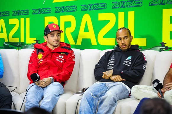 16 Charles Leclerc MCO, Scuderia Ferrari, 44 Lewis Hamilton GBR, Mercedes-AMG Petronas F1 Team, F1 Grand Prix of Brazil at Autodromo Jose Carlos Pace on November 2, 2023 in Sao Paulo, Brazil. Photo by ...