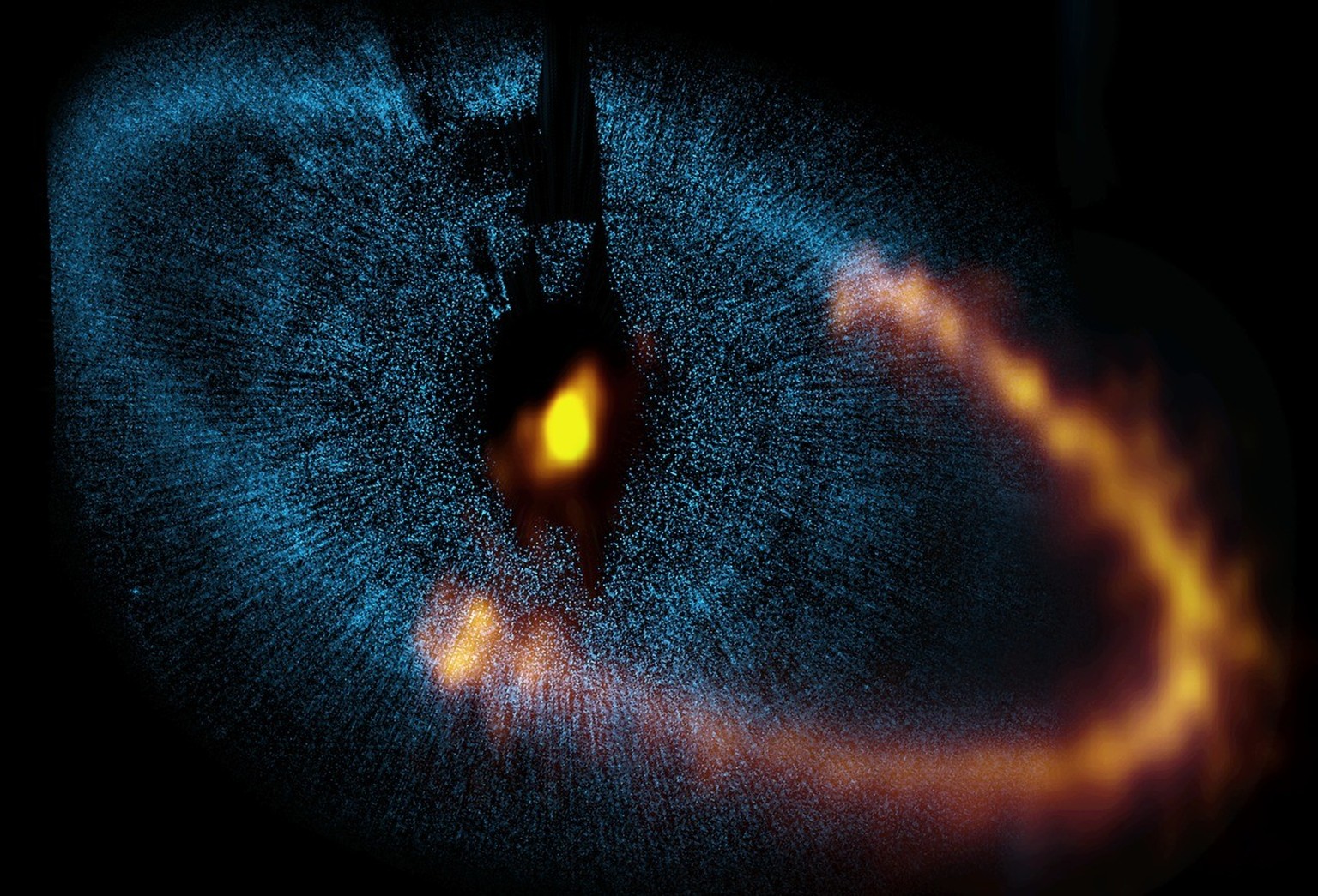 Image of the dust disk around Fomalhaut with the Hubble Space Telescope and the ALMA Observatory.  https://en.wikipedia.org/wiki/Fomalhaut#/media/File:Fomalhaut-Hubble-ALMA-Eso1216a.tif