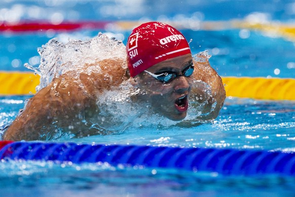 epa09376811 Noe Ponti of Switzerland competes in the men&#039;s 100m Butterfly Heats during the Swimming events of the Tokyo 2020 Olympic Games at the Tokyo Aquatics Centre in Tokyo, Japan, 29 July 20 ...