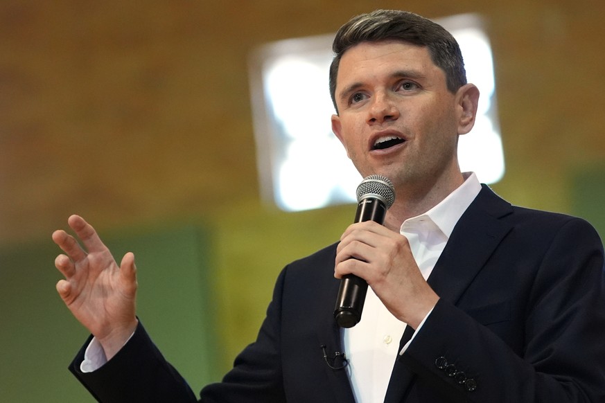 Democratic U.S. Senate candidate Texas state Rep. James Talarico speaks at a food drive at the Frederick Douglass Human Services and Justice Center, Wednesday, Sept. 9, 2026, in Dallas. (AP Photo/Juli ...