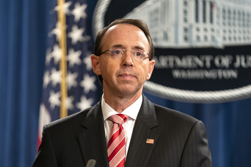 epa06910733 (FILE) - US Deputy Attorney General Rod Rosenstein announces that the Justice Department is indicting 12 Russian military officers for hacking Democratic emails during the 2016 presidentia ...
