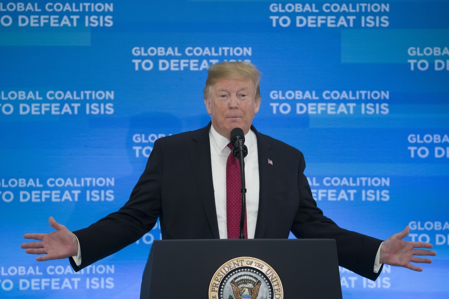 President Donald Trump speaks at the Global Coalition to Defeat ISIS meeting, at the State Department, Wednesday, Feb. 6, 2019, in Washington. (AP Photo/Alex Brandon)