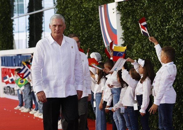 epa10542699 President of Cuba Miguel Diaz-Canel arrives at the XXVIII Ibero-American Summit of Heads of State and Government, in Santo Domingo, Dominican Republic, 25 March 2023. The Dominican Republi ...