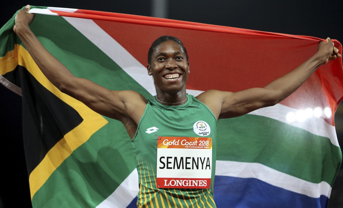 FILE - In this April 13, 2018, file photo, South Africa's Caster Semenya celebrates after winning the woman's 800m final at Carrara Stadium during the 2018 Commonwealth Games on the Gold Coa ...