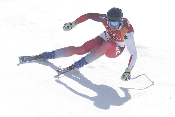epa06519483 Leca Aerni of Switzerland in action during the downhill portion of the Men&#039;s Alpine Combined race at the Jeongseon Alpine Centre during the PyeongChang 2018 Olympic Games, South Korea ...