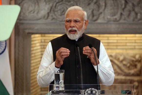 epa10819420 Prime Minister of India Narendra Modi speaks during a press conference with Greek Prime Minister following their meeting in Athens, Greece, 25 August 2023. Modi arrived in Athens on an off ...