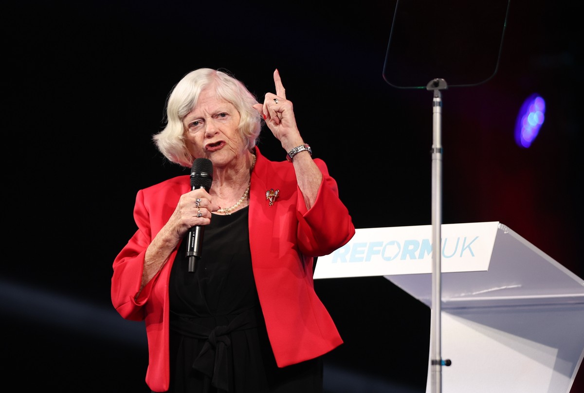 epa13102893 FILE Reform UK's Immigration and Justice spokesperson Ann Widdecombe delivers a speech during the Reform UK National Conference in Birmingham, Britain, 20 September 2024 (reissued 10  ...