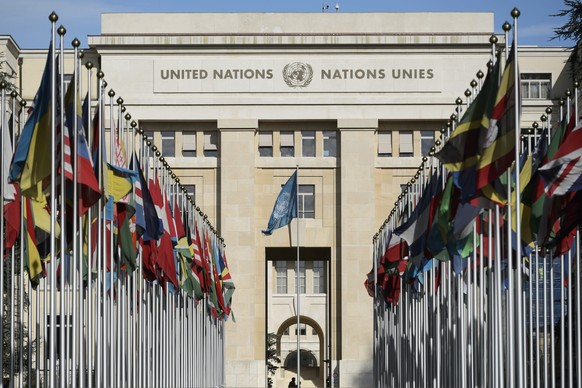 epa05139740 Flags are seen in front of the Palais des Nations during Syria peace talks, at the European headquarters of the United Nations in Geneva, Switzerland, 02 February 2016. UN Syria envoy Staf ...