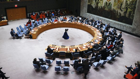 epa09780071 Members of the United Nations Security Council are seen during an emergency meeting on the situation between Ukraine and Russia at United Nations headquarters in New? York, New York, USA,  ...