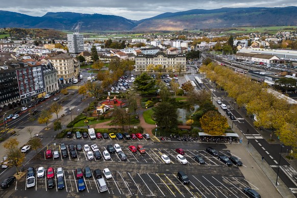 Une vue aerienne de la Place d&#039;Armes lors d&#039;une conference de presse de la Municipalite d&#039;Yverdon sur le projet de parking de la Place d&#039;Armes pres de la gare le mercredi 16 novemb ...