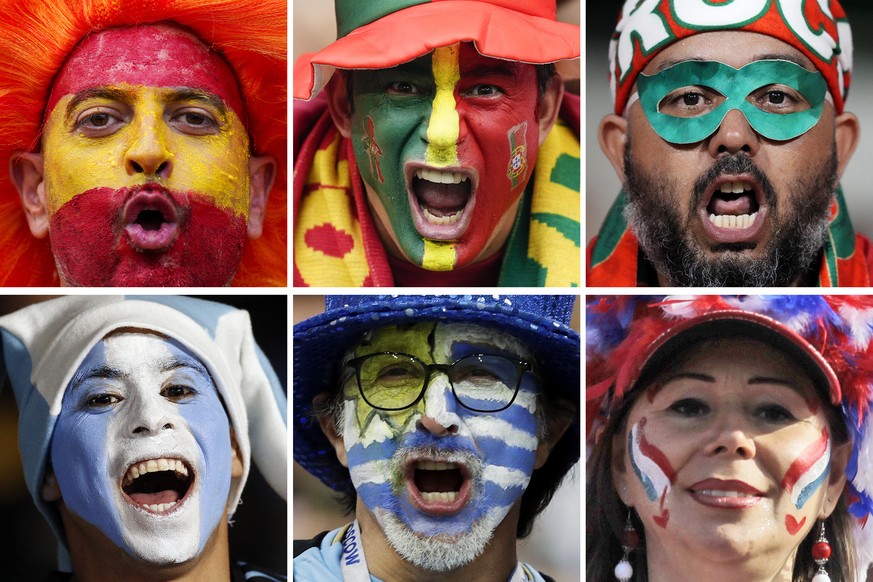 FILE - This combination of file photos show World Cup soccer fans, top row from left, for Spain, Portugal, Morocco, and bottom row from left, Argentina, Uruguay and Paraguay. (AP Photo/File)