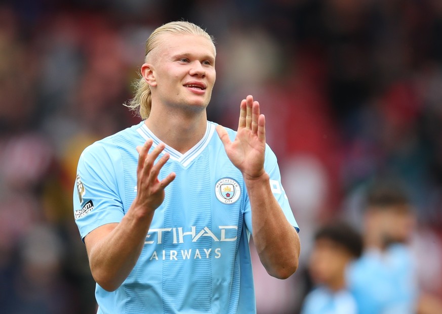 epa10823695 Erling Haaland of Manchester City reacts after the English Premier League match between Sheffield United and Manchester City in Sheffield, Britain, 27 August 2023. EPA/ASH ALLEN EDITORIAL  ...