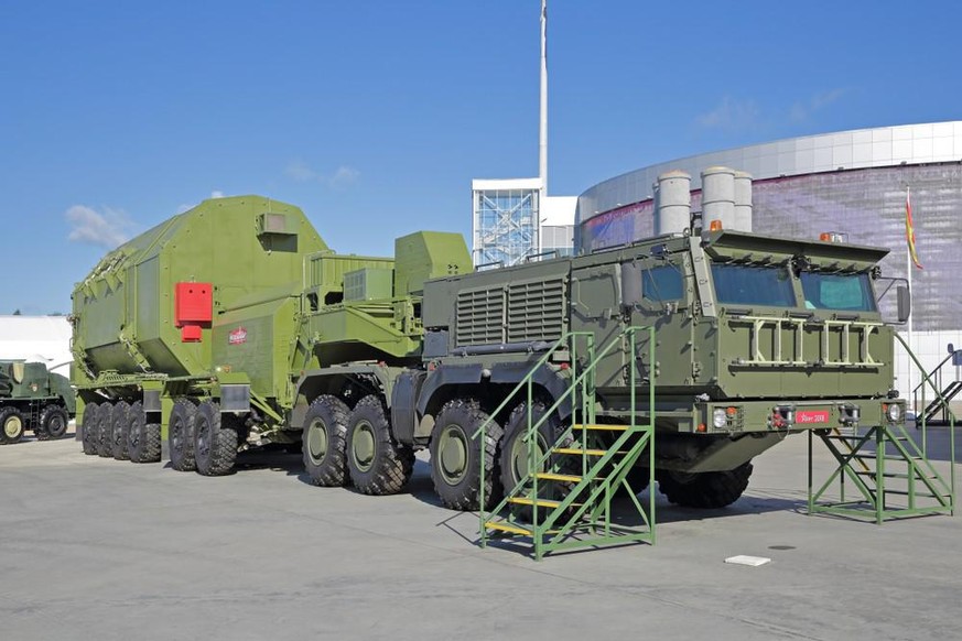 KUBINKA, MOSCOW OBLAST, RUSSIA - AUG 22, 2018: Isothermal transport and docking unit missile complex RS-28 &quot;Sarmat&quot; (Satan-2) at the International military-technical forum ARMY-2018