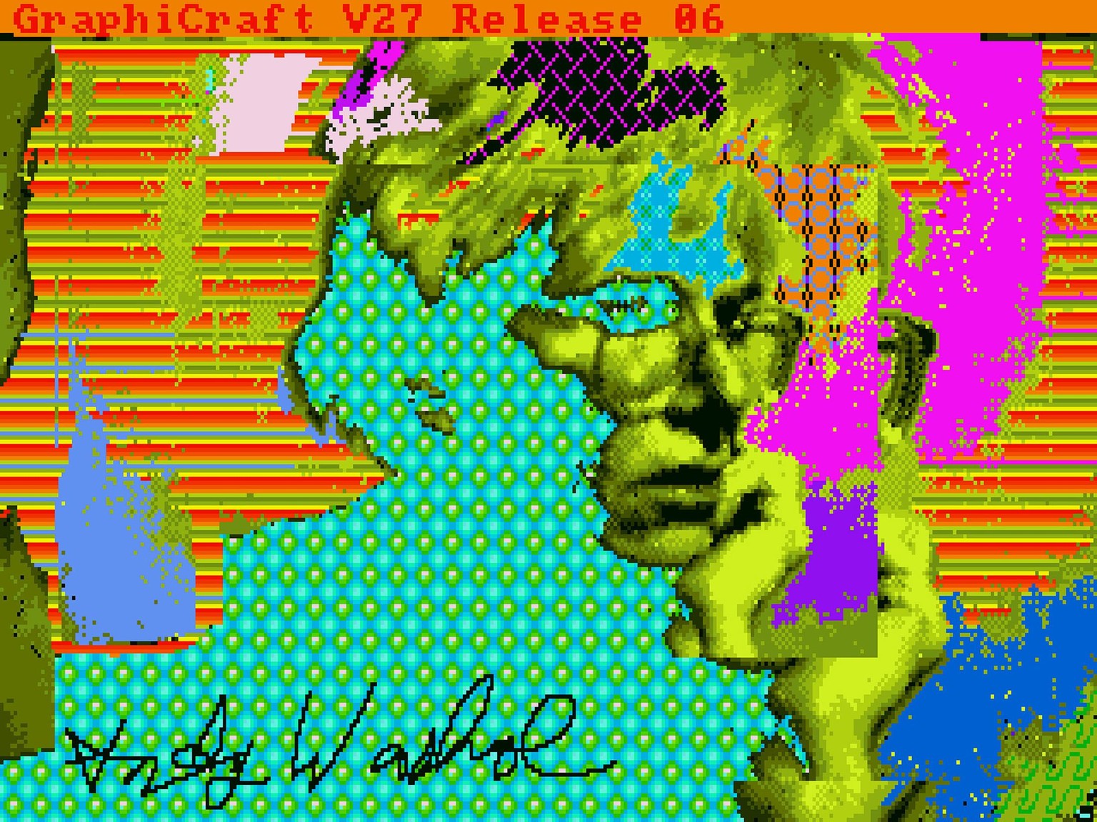 Elektronisch verfremdetes Selbstporträt des berühmten Pop-Art-Künstlers Andy Warhol.&nbsp;