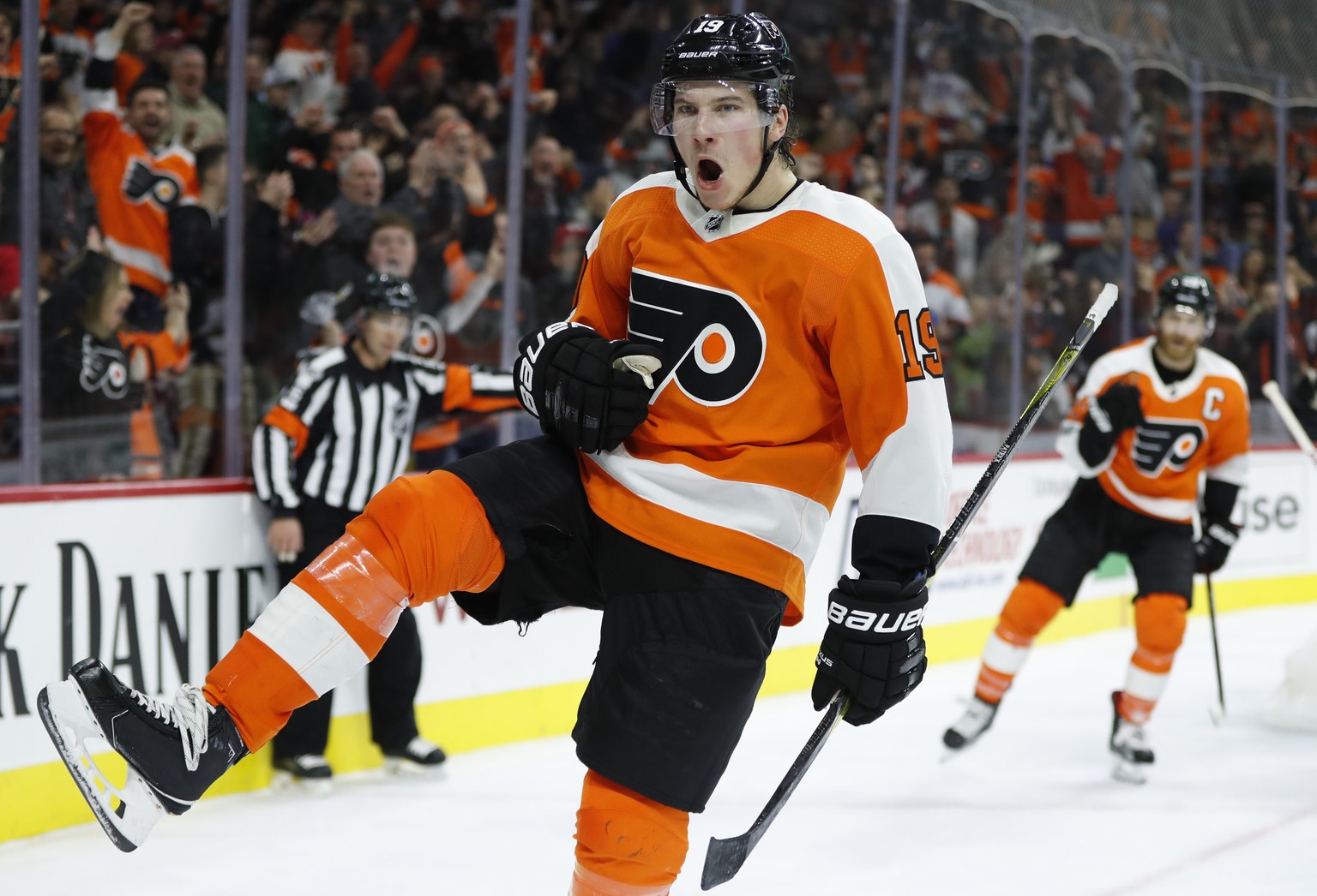 Philadelphia Flyers&#039; Nolan Patrick reacts to his goal during the second period of an NHL hockey game against the Calgary Flames, Saturday, Nov. 18, 2017, in Philadelphia. (AP Photo/Chris Szagola)