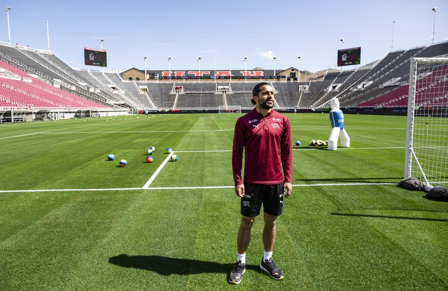 Switzerland&#039;s Ricardo Rodriguez, watches the stadium after a press conference of the Swiss national soccer team at the Rice-Eccles Stadium, in Salt Lake City, Utah, United States of America, Frid ...