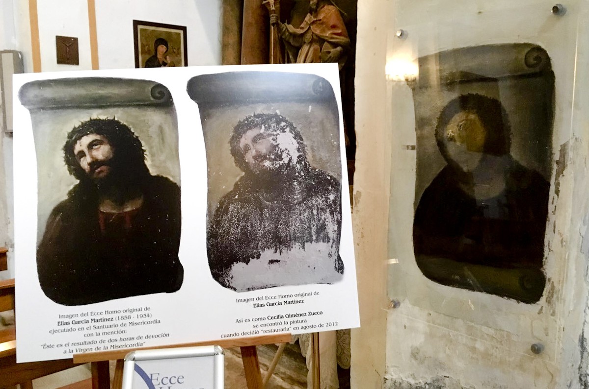 View of the deteriorated version of 'Ecce Homo' mural by 19th century painter Elias Garcia Martinez, right, next to a copy of the original, left, at the Borja Church in Zaragoza, Spain, Wedn ...