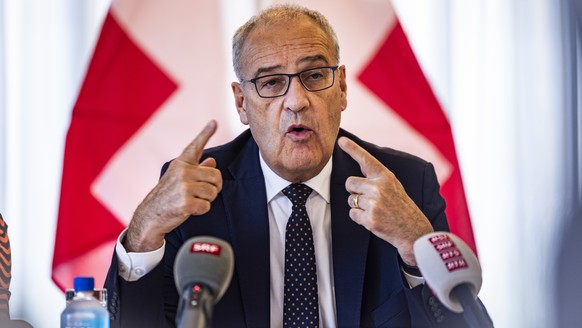 KEYPIX - epa13074136 President of the Swiss Confederation Guy Parmelin speaks to reporters after meeting with US Trade Representative Jamieson Greer at the Swiss Residence in Washington, DC, USA, 29 J ...