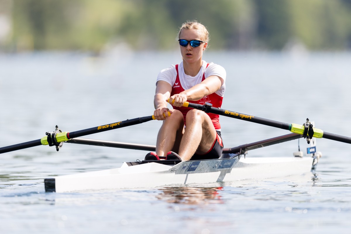 epa11370565 Aurelia-Maxima Janzen of Switzerland competes in the Women's Single Sculls Final B on the third day of the 2024 World Rowing Cup at Rotsee in Lucerne, Switzerland, 26 May 2024. EPA/PH ...