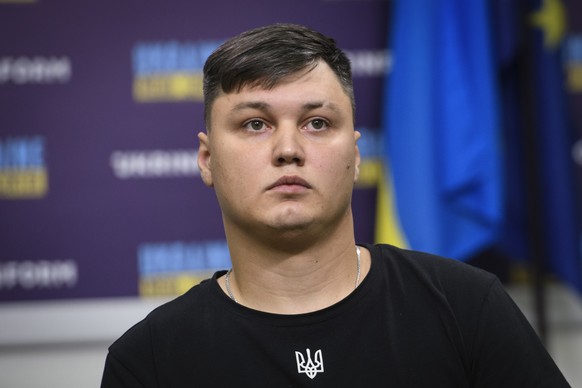 In this Sept. 5, 2023 photo, Russian expatriate Maxim Kuzminov attends a press conference in Kyiv, Ukraine.  Spanish police say they suspect the body of a man found with bullet holes in the eastern drag.