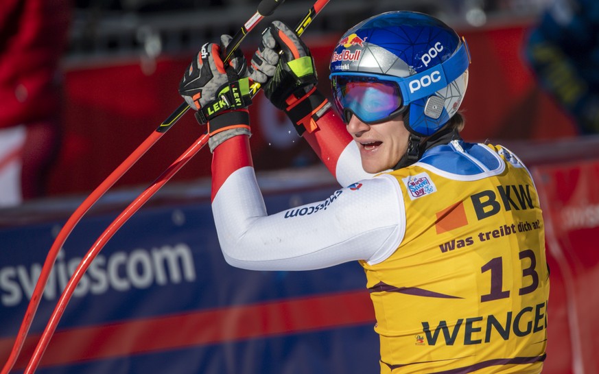 Switzerland&#039;s Marco Odermatt in the finish area during the men&#039;s Downhill race at the FIS Alpine Skiing World Cup in Wengen, Switzerland, on Friday, January 14, 2022. (KEYSTONE/Peter Schneid ...