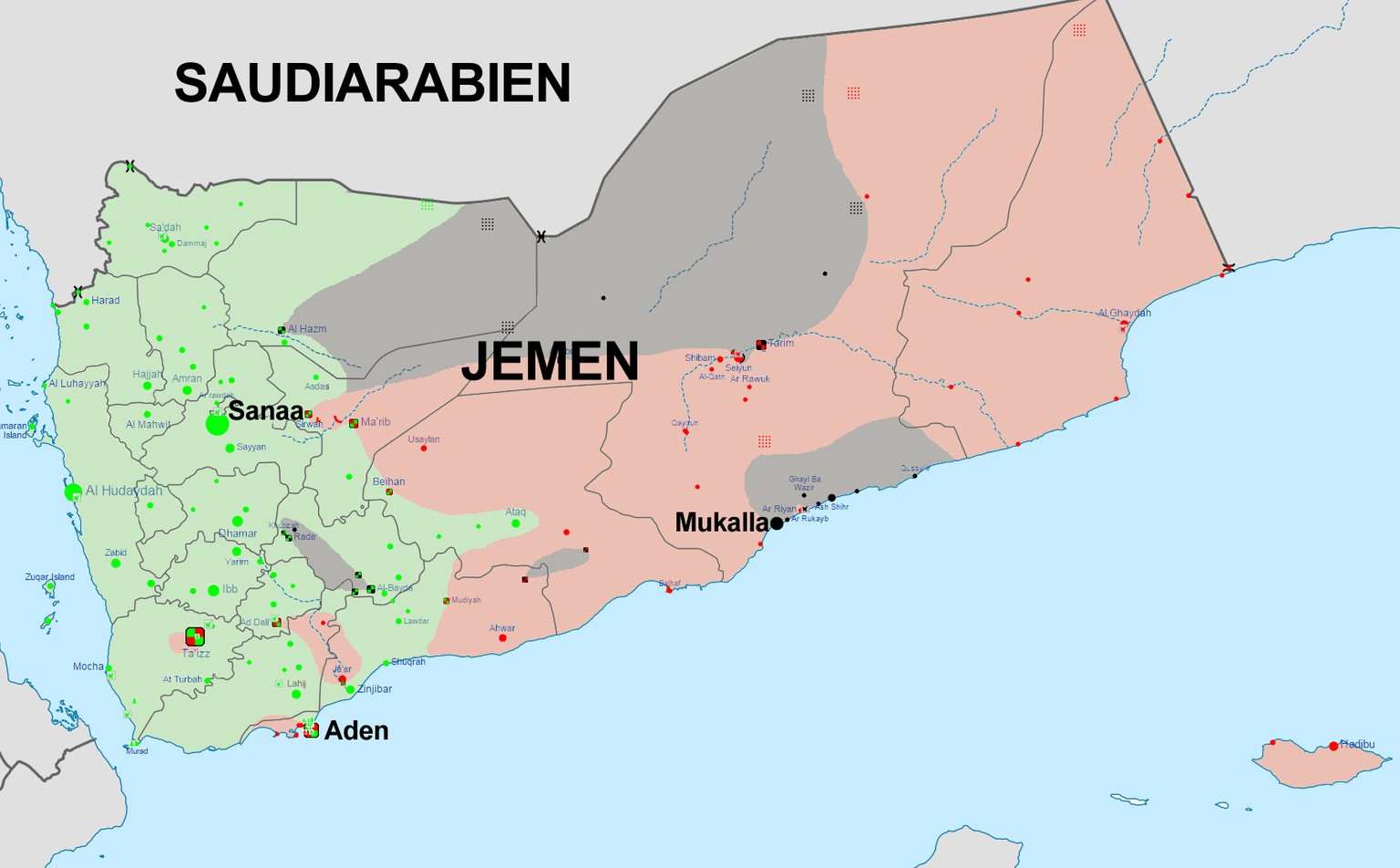 Grün: unter der Kontrolle der schiitischen Houthi-Rebellen sowie Verbündeten von Ex-Präsident&nbsp;Ali Abdullah Saleh; Rot: unter Kontrolle von&nbsp;Abed Rabbo Mansour Hadi, dem gewählten Präsidenten  ...
