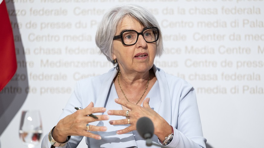 Bundesraetin Elisabeth Baume-Schneider spricht an einer Medienkonferenz zur Aenderung des Sprachengesetzes, Eroeffnung des Vernehmlassungsverfahrens, am Freitag, 12. Juni 2026, in Bern. (KEYSTONE/Pete ...
