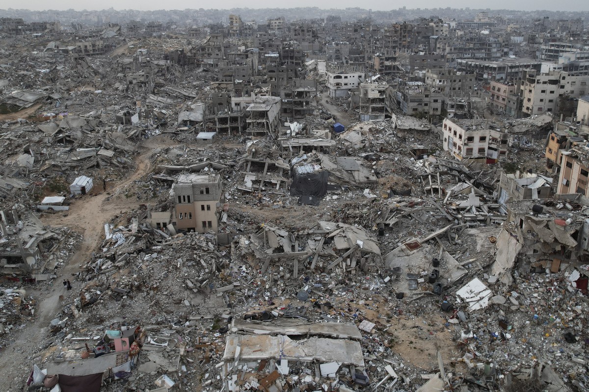 An aerial photograph taken by a drone shows the destruction caused by the Israeli air and ground offensive in Jabaliya, Gaza Strip, on Sunday, Feb. 16, 2025. (AP Photo/Mohammad Abu Samra)