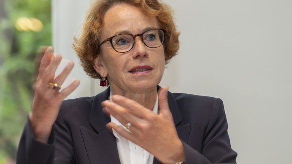 Regierungsraetin Eva Herzog spricht an einer Medienkonferenz zu ihrer Staenderatskandidatur in Basel am Montag, 12. August 2019. (KEYSTONE/Georgios Kefalas)