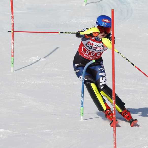 United States&#039; Mikaela Shiffrin slaloms on her way to win an alpine ski, women&#039;s World Cup slalom, in Are, Sweden, Sunday, March 10, 2024. (AP Photo/Alessandro Trovati)