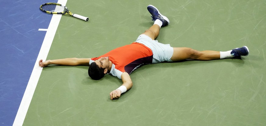 Carlos Alcaraz, of Spain, reacts on the court after defeating Frances Tiafoe, of the United States, during the semifinals of the U.S. Open tennis championships, Friday, Sept. 9, 2022, in New York. (AP ...