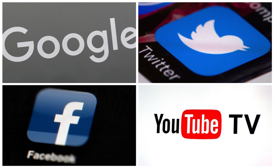 FILE - This combination of photos, clockwise, from upper left: a Google sign, the Twitter app, YouTube TV logo and the Facebook app. Selena Gomez is laying much of the blame for the violent attack on  ...