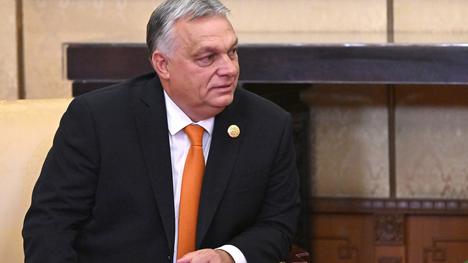 epa10923355 Hungarian Prime Minister Viktor Orban attends a meeting with Russian President Vladimir Putin as part of the 3rd Belt and Road Forum at the Diaoyutai State Guest House in Beijing, China, 1 ...