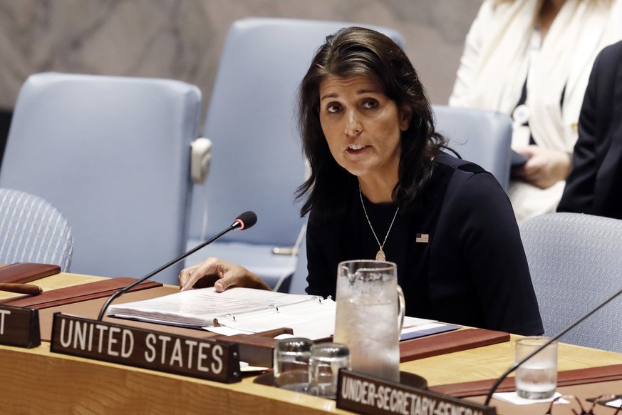 U.S. Ambassador Nikki Haley addresses the United Nations Security Council, Monday, Sept. 17, 2018, at U.N. headquarters. (AP Photo/Richard Drew)