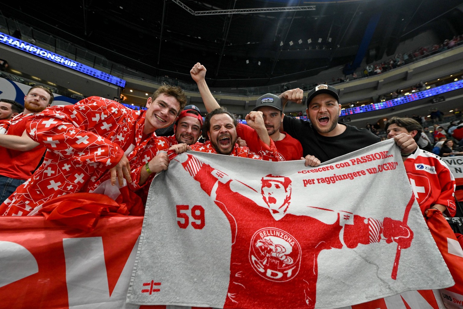 PRAGUE, CZECH REPUBLIC - MAY 25: Swiss fans celebra the victory during the 2024 IIHF Ice hockey, Eishockey World Championship, WM, Weltmeisterschaft Czechia Semifinal match between Canada and Switzerl ...
