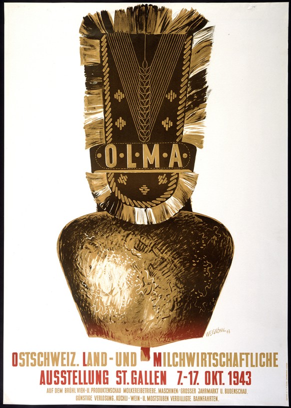 78 Mal Olma, 78 offizielle Plakate: Wir zeigen (fast) die ganze Kollektion. Ein Plakat löste seinerzeit eine halbe Staatsaffäre aus – findest du heraus, welches?
Wir starten 1943: Das erste Olma-Plakat der Geschichte.