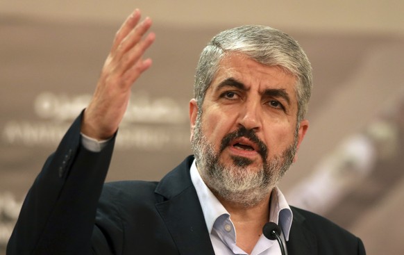 FILE - Khaled Mashaal, at the time, leader of the militant group Hamas that has governed Gaza since a 2007 takeover, speaks during a speech held in Doha, Qatar, on Aug. 28, 2014. (AP Photo/Osama Faisa ...