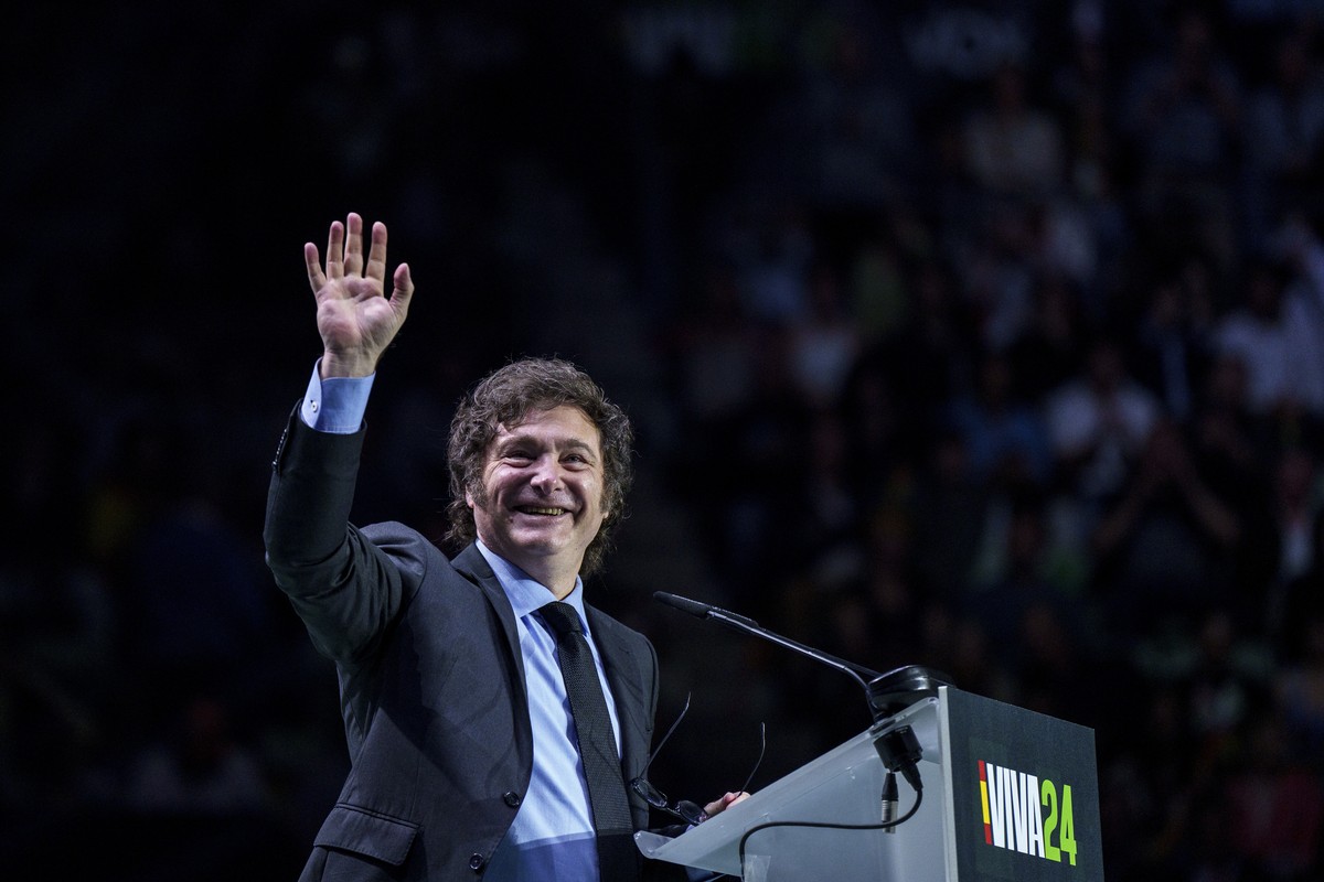 Argentina's president Javier Milei gestures as he delivers a speech on stage during the Spanish far-right wing party Vox's rally "Europa Viva 24" in Madrid, Spain, Sunday, May 19,  ...