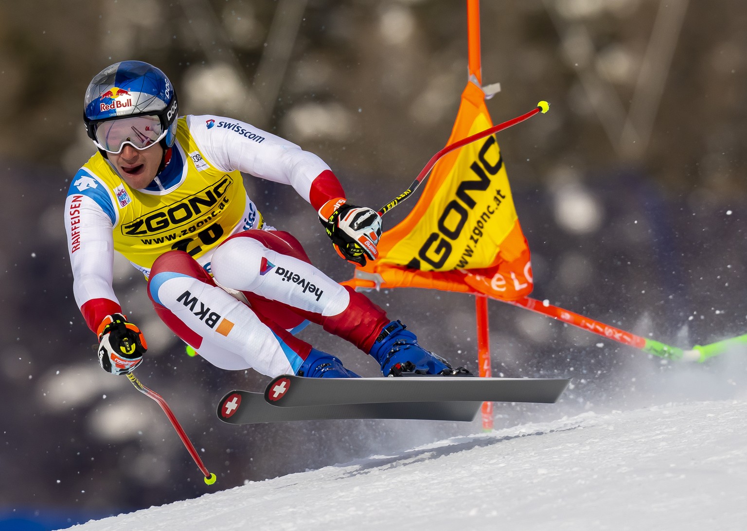 Marco Odermatt, of Switzerland, heads down the course during the first men&#039;s World Cup downhill ski training run in Lake Louise, Alberta, Tuesday, Nov. 23, 2021. (Frank Gunn/The Canadian Press vi ...