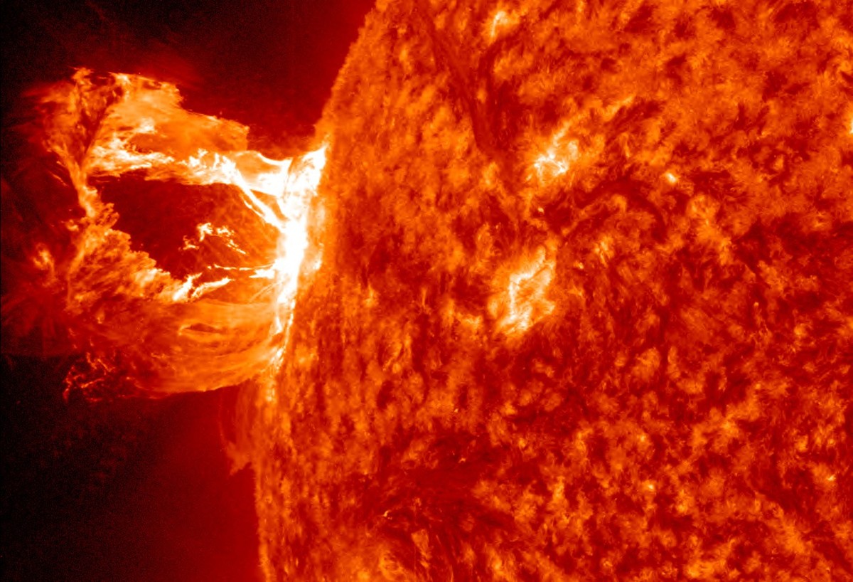 This image provided by NASA shows the sun releasing a M1.7 class flare associated with a prominence eruption on April, 16, 2012. This image was taken by the Solar Dynamics Observatory. This visually s ...