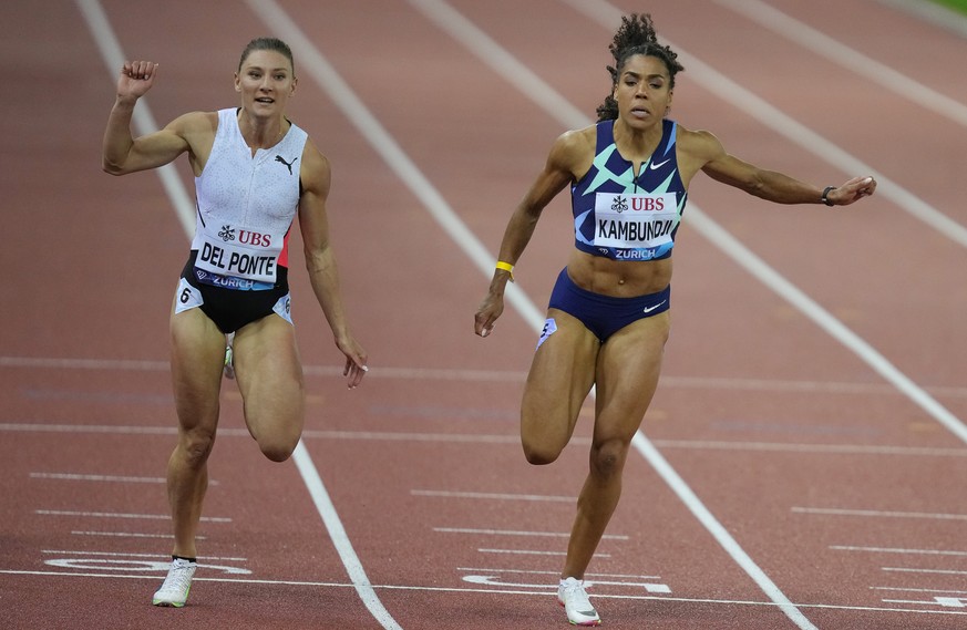 Ajla Del Ponte of Switzerland, left, and Mujinga Kambundji of Switzerland in action at the 100m Women at the Weltklasse IAAF Diamond League international athletics meeting at the Letzigrund stadium in ...