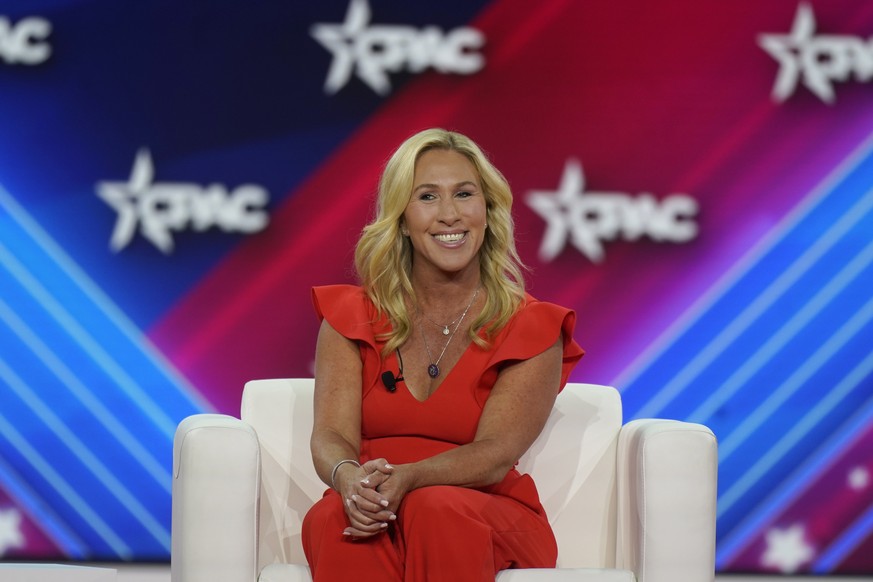 Rep. Marjorie Taylor Greene, R-Ga., smiles on stage at the Conservative Political Action Conference (CPAC) in Dallas, Friday, Aug. 5, 2022. (AP Photo/LM Otero)
Marjorie Taylor Greene