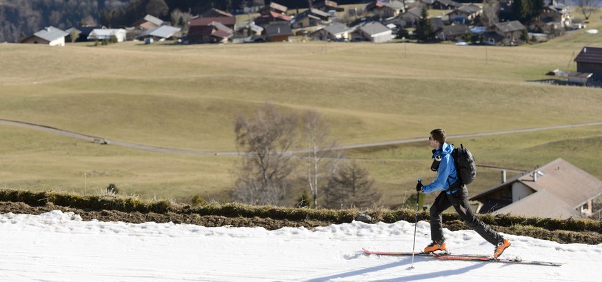 epa05080073 A Skier in action on a ski slope covered with artificial snow surrounded by green fields, in the Swiss Alps, during Christmas holydays, in Leysin, Switzerland, December 24, 2015. The snow  ...