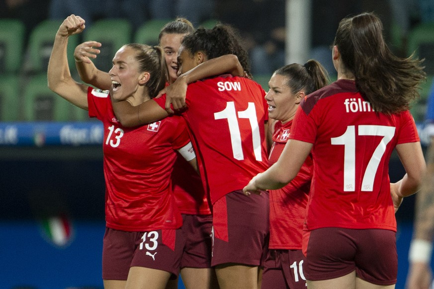 Switzerland&#039;s midfielder Coumba Sow #11 celebrates her goal with her teammates after scoring the 0:1, during the FIFA Women&#039;s World Cup 2023 qualifying round group G soccer match between the ...