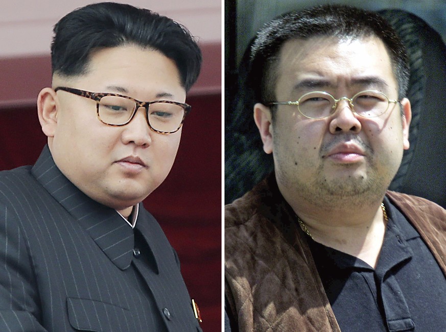 FILE - This combination of file photos shows North Korean leader Kim Jong Un, left, on May 10, 2016, in Pyongyang, North Korea, and Kim Jong Nam, right, exiled half brother of Kim Jong Un, in Narita,  ...