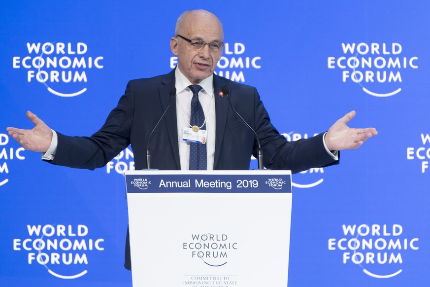 epa07308573 Swiss Federal President Ueli Maurer speaks during a plenary session in the Congress Hall the first day of the 49th annual meeting of the World Economic Forum (WEF) in Davos, Switzerland, 2 ...