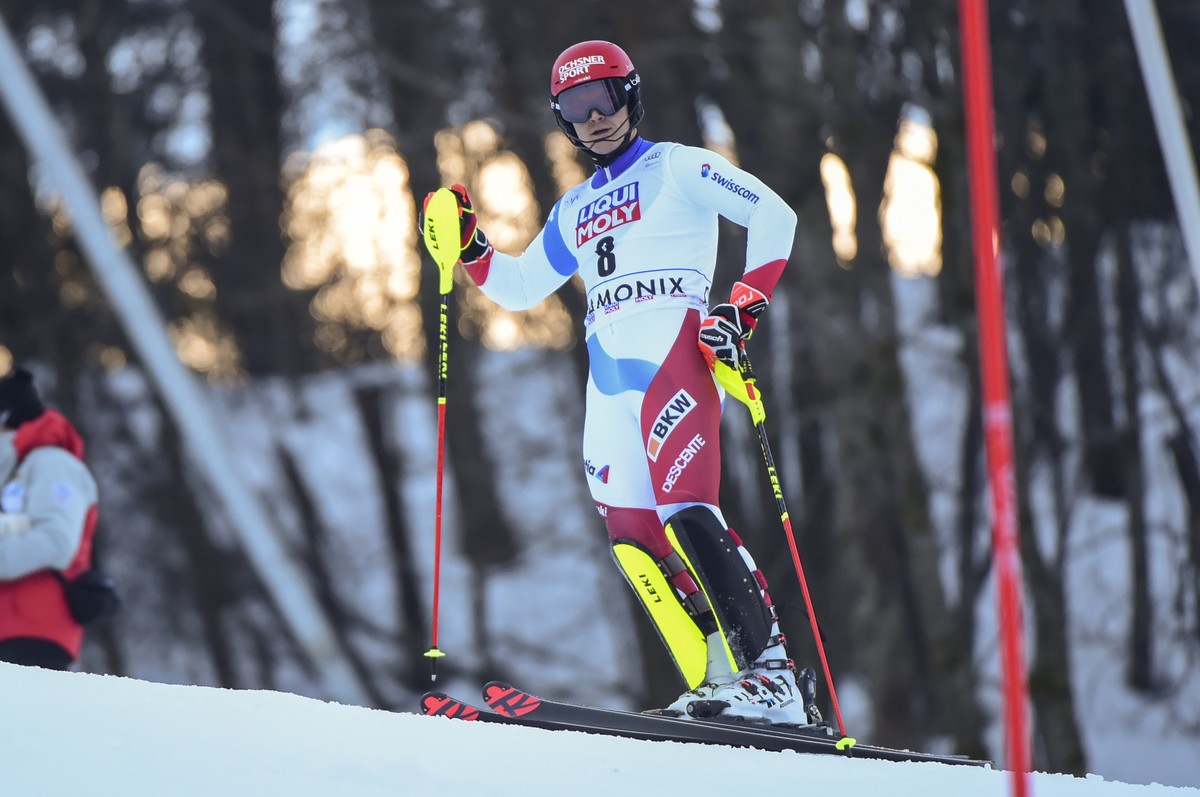 Switzerland's Loic Meillard stands on the course after he missed a gate during an alpine ski, men's World Cup slalom, in Chamonix, Sunday, Jan. 31, 2021. (AP Photo/Marco Tacca)